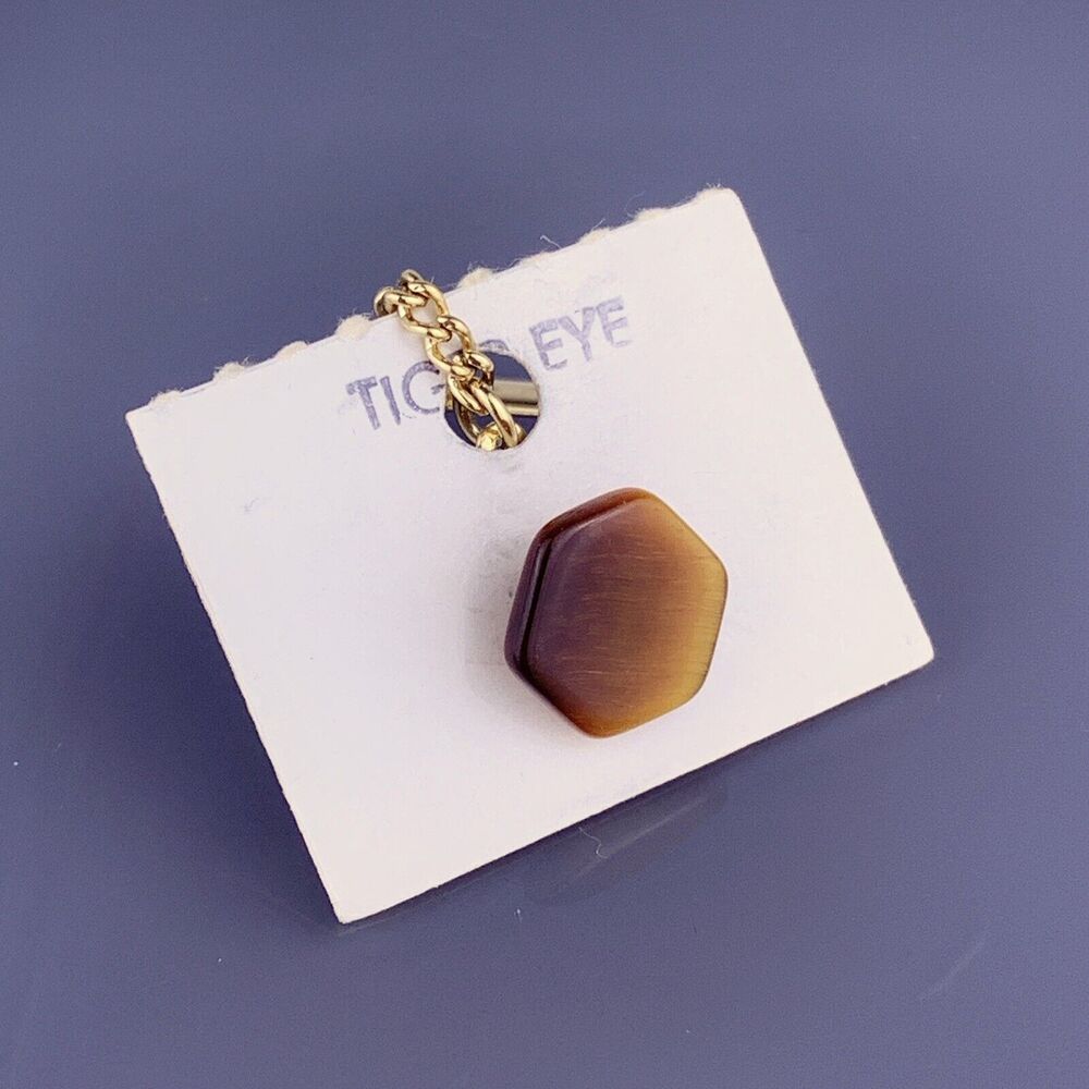Tigers Eye Hexagon Stone Tie Tack Pin Simple New Old Stock Vintage